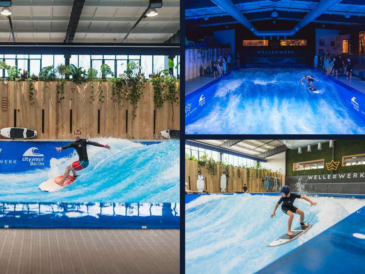 Collage: Surf-Session, Nachtsession bei einem Event und Kind auf der Welle im Wellenwerk